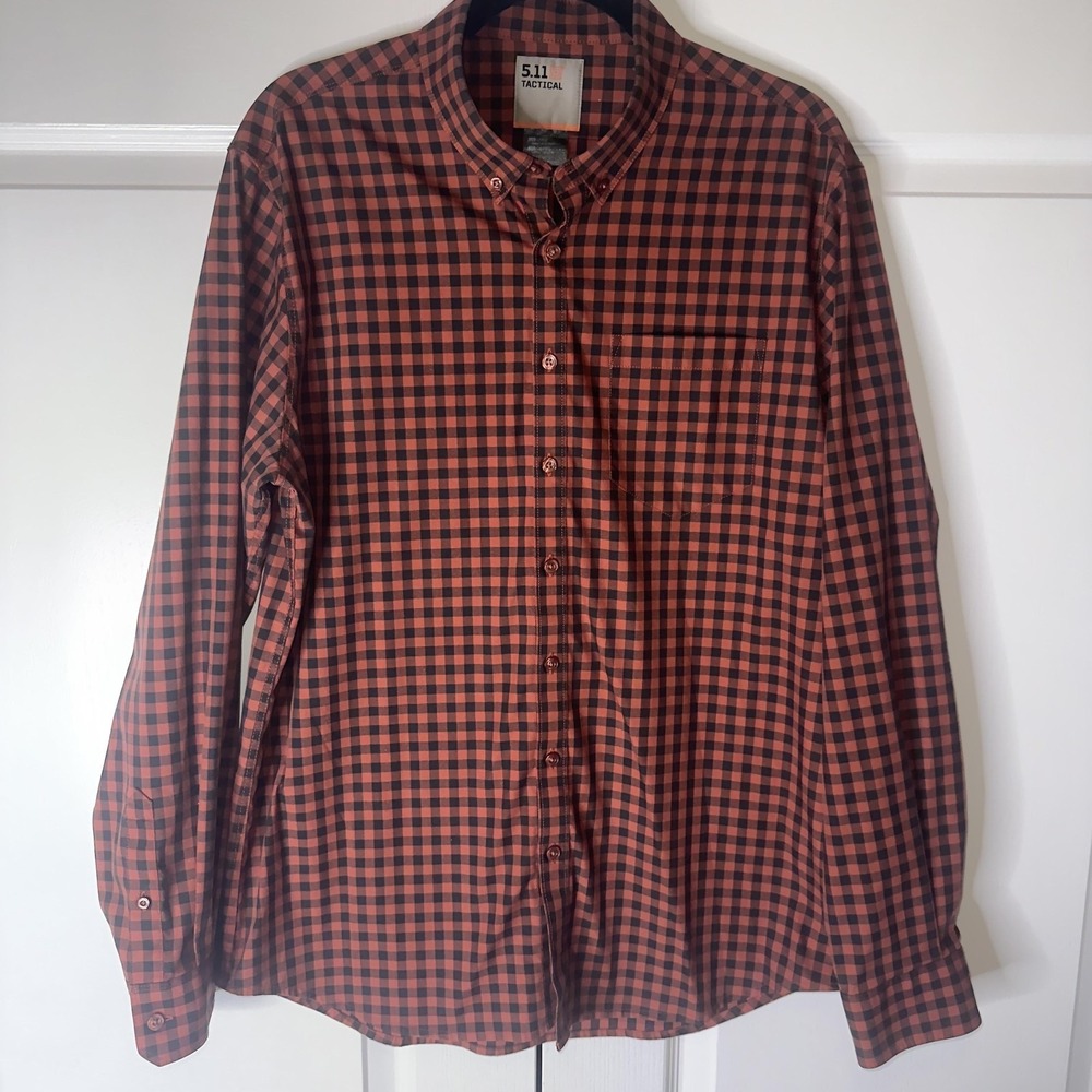 5.11 Tactical Shirt Mens Large Orange Plaid Check Long Sleeve Button Up Casual
